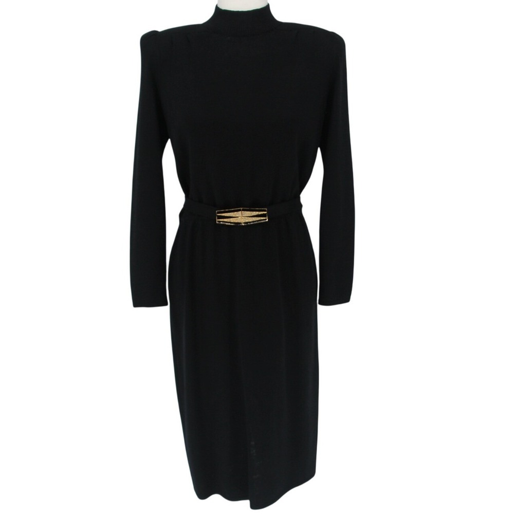 Vintage St John Evening Black Santana Open Back‎ Belted Glam Gatsby Midi Dress 6